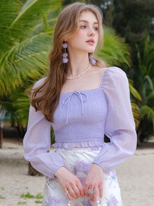 Square Neck Lantern Sleeve Shirred Knot Front Crop Blouse - Lilac Purple - View 10