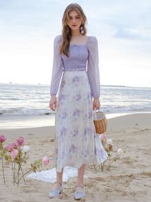 Square Neck Lantern Sleeve Shirred Knot Front Crop Blouse - Lilac Purple - View 11