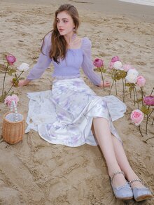 Square Neck Lantern Sleeve Shirred Knot Front Crop Blouse - Lilac Purple - View 12