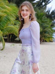 Square Neck Lantern Sleeve Shirred Knot Front Crop Blouse - Lilac Purple - View 14