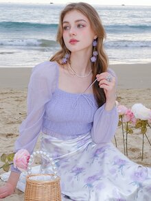 Square Neck Lantern Sleeve Shirred Knot Front Crop Blouse - Lilac Purple - View 15