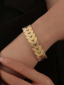 1入時尚不銹鋼開口羽毛和葉子手鐲 - 金黃色 - 查看 2
