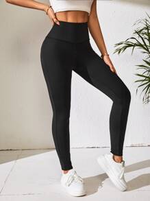 SHEIN ChicEase Wideband Waist Solid Leggings - Black - View 3