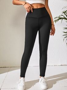SHEIN ChicEase Wideband Waist Solid Leggings - Black - View 5