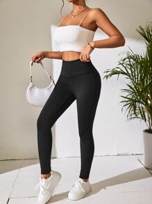 SHEIN ChicEase Wideband Waist Solid Leggings - Black - View 6