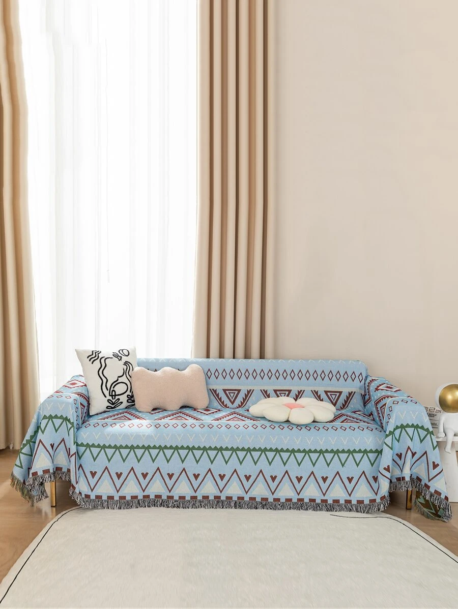 1pc Geometric Pattern Fringe Trim Sofa Towel
