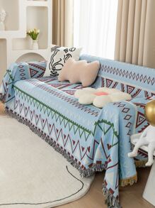 1pc Geometric Pattern Fringe Trim Sofa Towel