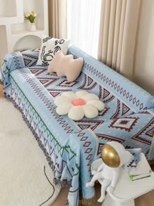 1pc Geometric Pattern Fringe Trim Sofa Towel