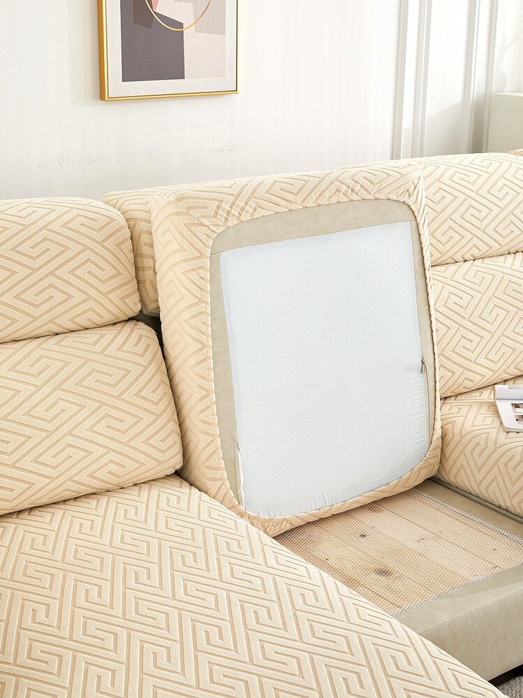 1pc Geometric Pattern Stretchy Sofa Seat Cover - Beige - View 3