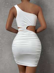 Zolique Vestido ajustado de un hombro de cintura con abertura fruncido - Blanco - Ver 2