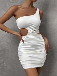 Zolique Vestido ajustado de un hombro de cintura con abertura fruncido - Blanco - Ver 4