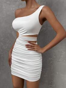 Zolique Vestido ajustado de un hombro de cintura con abertura fruncido - Blanco - Ver 6