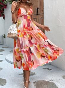 SHEIN VCAY 滿版印花荷葉邊吊帶連衣裙 - 彩色 - 查看 6