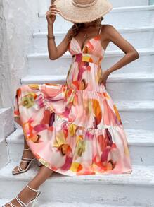 SHEIN VCAY 滿版印花荷葉邊吊帶連衣裙 - 彩色 - 查看 3