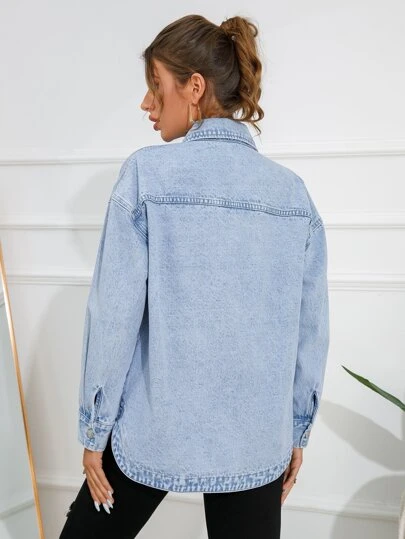 Flexra Drop Shoulder Pocket Patched Denim Shirt Fall Cloth For Women