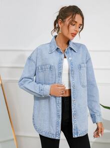 SHEIN Essnce Drop Shoulder Pocket Patched Denim Shirt Fall Cloth For Women - Light Wash - View 3