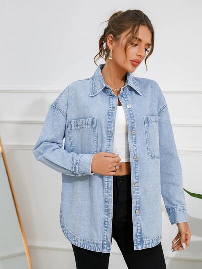 Flexra Drop Shoulder Pocket Patched Denim Shirt Fall Cloth For Women