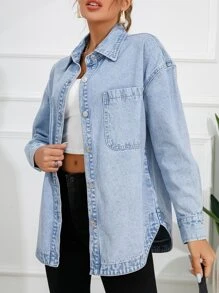 SHEIN Essnce Drop Shoulder Pocket Patched Denim Shirt Fall Cloth For Women - Light Wash - View 4