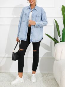 SHEIN Essnce Drop Shoulder Pocket Patched Denim Shirt Fall Cloth For Women - Light Wash - View 6