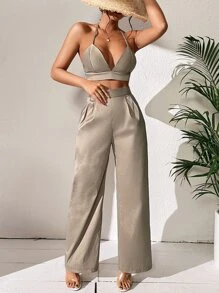 SHEIN Privé Solid Backless Halter Top & Wide Leg Trousers - Khaki - View 1