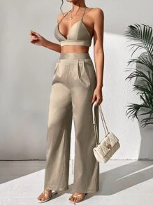 SHEIN Privé Solid Backless Halter Top & Wide Leg Trousers - Khaki - View 4