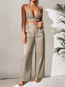 SHEIN Privé Solid Backless Halter Top & Wide Leg Trousers - Khaki - View 6