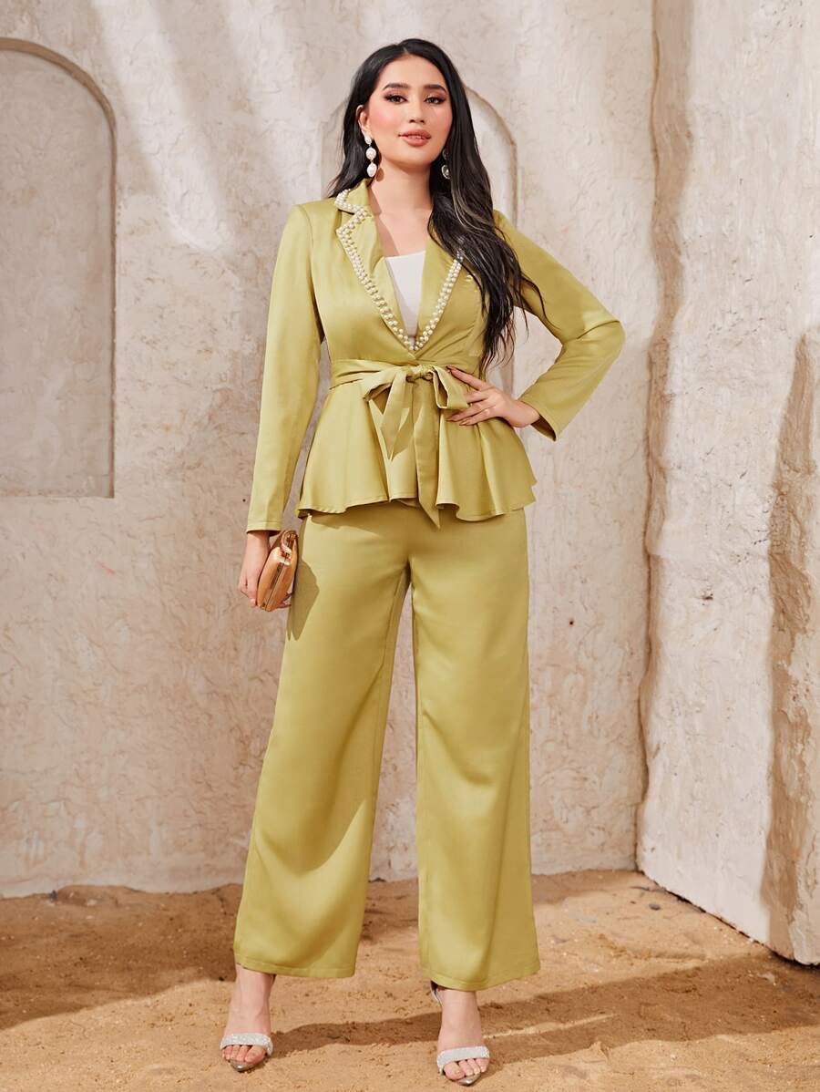 Modelyn Lapel Neck Pearls Detail Belted Blazer & Wide Leg Pants - Mustard Yellow - View 1