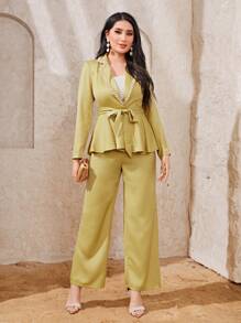 Modelyn Lapel Neck Pearls Detail Belted Blazer & Wide Leg Pants - Mustard Yellow - View 3