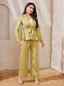 Modelyn Lapel Neck Pearls Detail Belted Blazer & Wide Leg Pants - Mustard Yellow - View 5