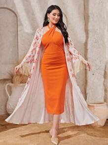 Mulvari Floral Print Fringe Trim Open Front Coat & Halter Dress - Multicolor - View 1