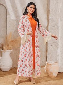 Mulvari Floral Print Fringe Trim Open Front Coat & Halter Dress - Multicolor - View 4