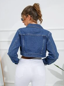 SHEIN Frenchy Flap Detail Crop Denim Jacket - Dark Wash - View 3