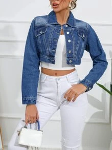 SHEIN Frenchy Flap Detail Crop Denim Jacket - Dark Wash - View 4