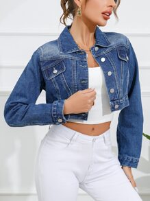 SHEIN Frenchy Flap Detail Crop Denim Jacket - Dark Wash - View 2