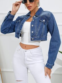 SHEIN Frenchy Flap Detail Crop Denim Jacket - Dark Wash - View 6