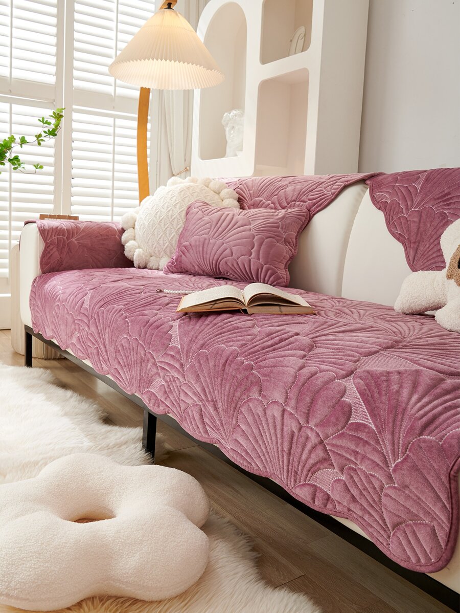 1pc Leaf Pattern Sofa Towel - Purple - View 1