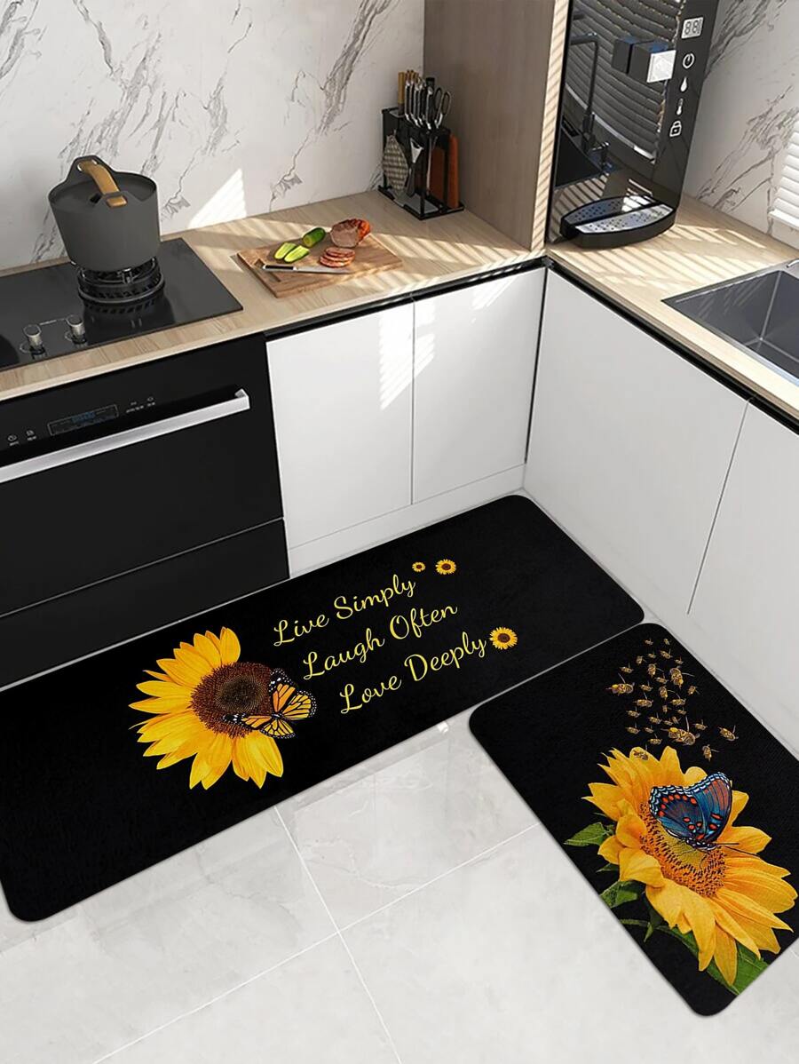 1 pieza Tapete de cocina impreso con patrón de girasol, alfombra rectangular de terciopelo cristalino, suave, antideslizante y absorbente adecuada para la cocina, el comedor y la sala de estar, decoración de habitaciones - Multicolor - Ver 1