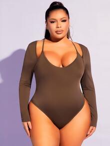 SHEIN SXY Plus Solid Cut Out Slim Bodysuit - Chocolate Brown - View 3