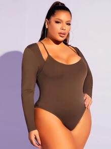 SHEIN SXY Plus Solid Cut Out Slim Bodysuit - Chocolate Brown - View 1