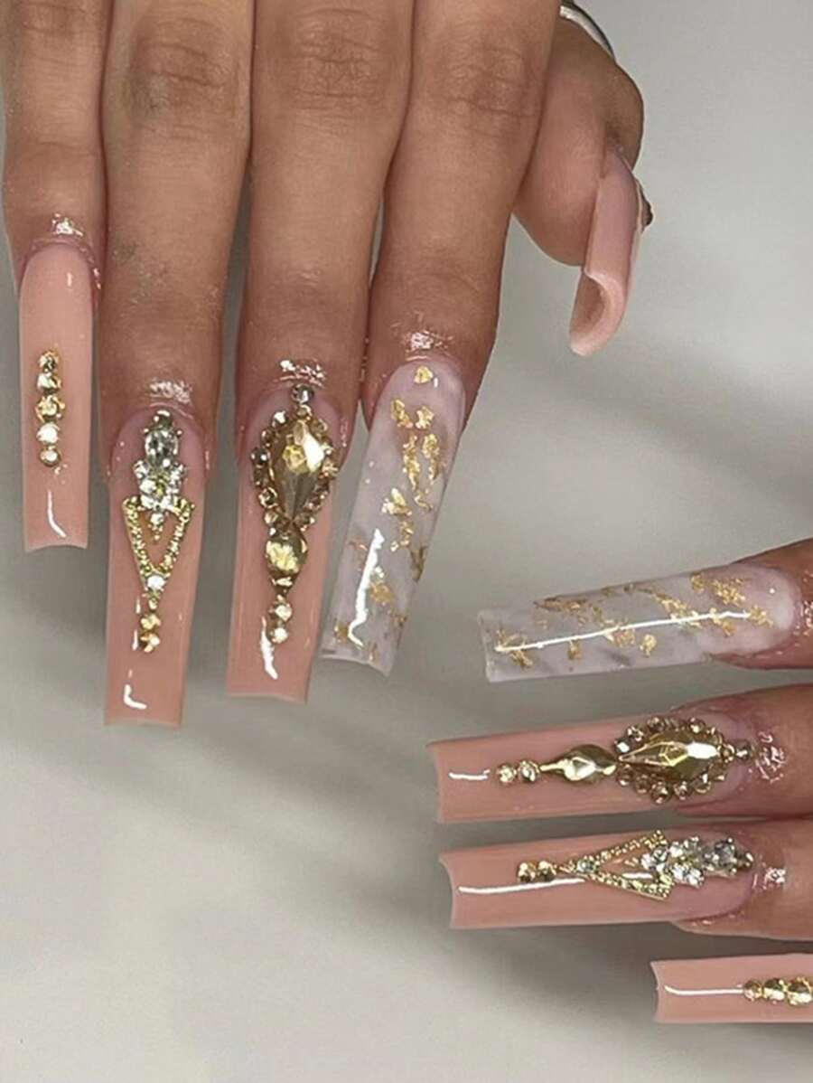 Transform Your Nails With 24Pcs Long Coffin Golden 3D Rhinestone Decor Sequins Fake Nail & 1Pc Nail File & 1Sheet Nail Tape Press On Nails Nail Supplies Nails - Multicolor - View 1