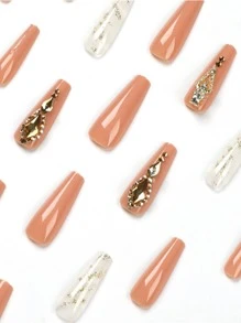 Transform Your Nails With 24Pcs Long Coffin Golden 3D Rhinestone Decor Sequins Fake Nail & 1Pc Nail File & 1Sheet Nail Tape Press On Nails Nail Supplies Nails - Multicolor - View 2