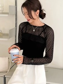 DAZY 蕾絲拼接插肩袖短款上衣 - 黑色 - 查看 4