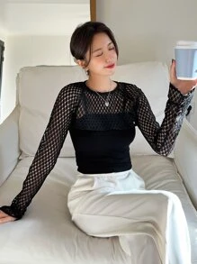 DAZY 蕾絲拼接插肩袖短款上衣 - 黑色 - 查看 7