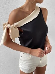 SHEIN Privé Colorblock Knot Side Asymmetrical Neck Blouse - Black - View 1