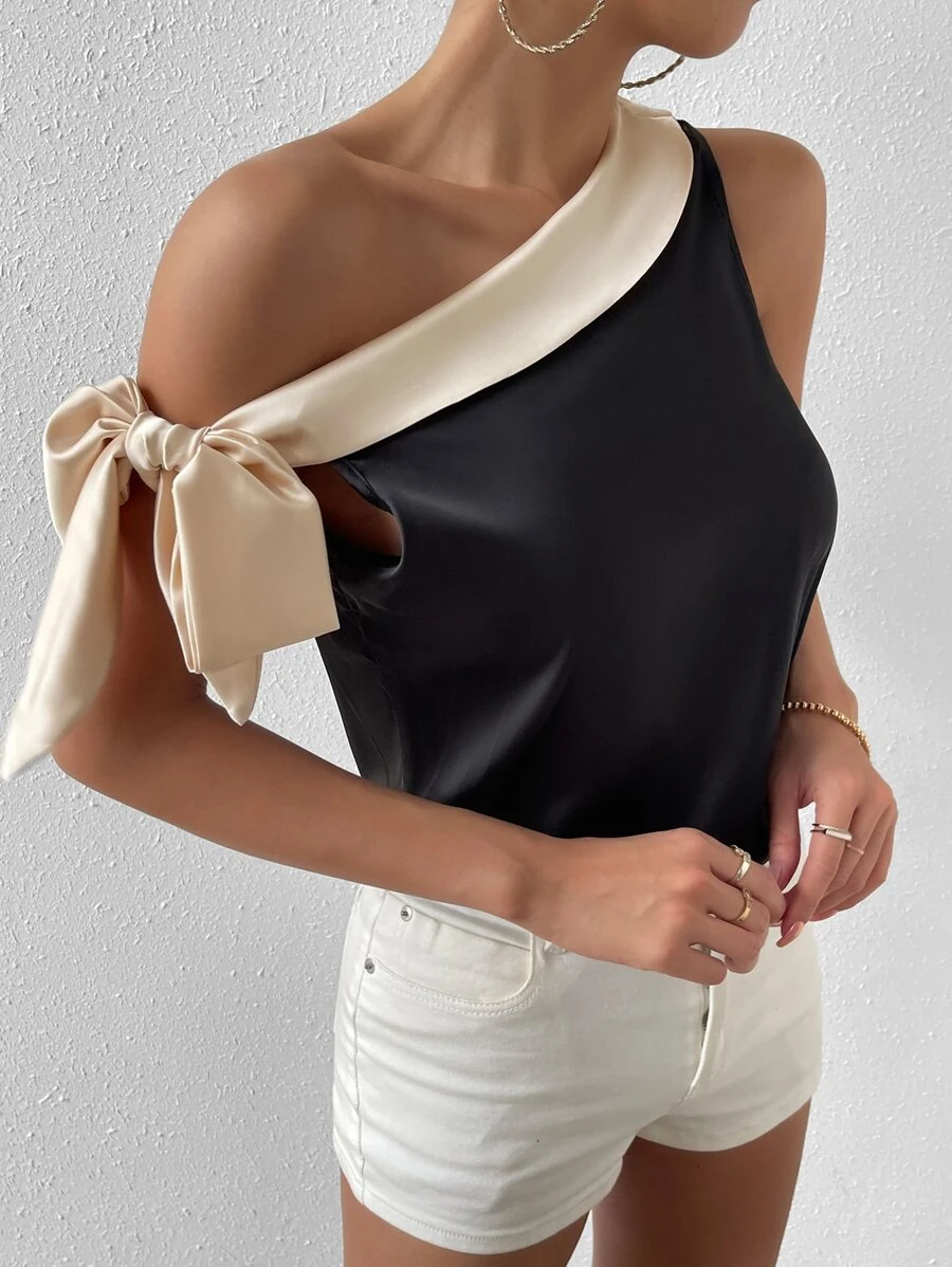 SHEIN Privé Colorblock Knot Side Asymmetrical Neck Blouse - Black - View 1