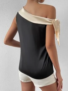 SHEIN Privé Colorblock Knot Side Asymmetrical Neck Blouse - Black - View 2