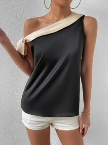 SHEIN Privé Colorblock Knot Side Asymmetrical Neck Blouse - Black - View 4