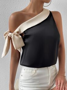 SHEIN Privé Colorblock Knot Side Asymmetrical Neck Blouse - Black - View 5