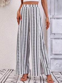 SHEIN VCAY Pantalones con estampado geométrico de muslo con abertura - Blanco - Ver 1