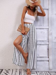 SHEIN VCAY Pantalones con estampado geométrico de muslo con abertura - Blanco - Ver 4